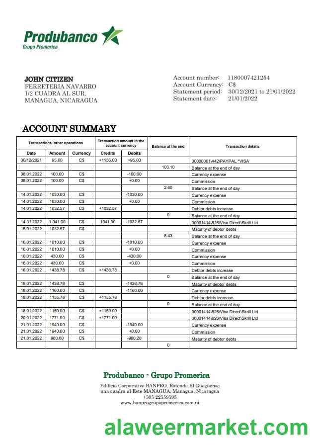 Nicaragua Banco de la Produccion bank statement